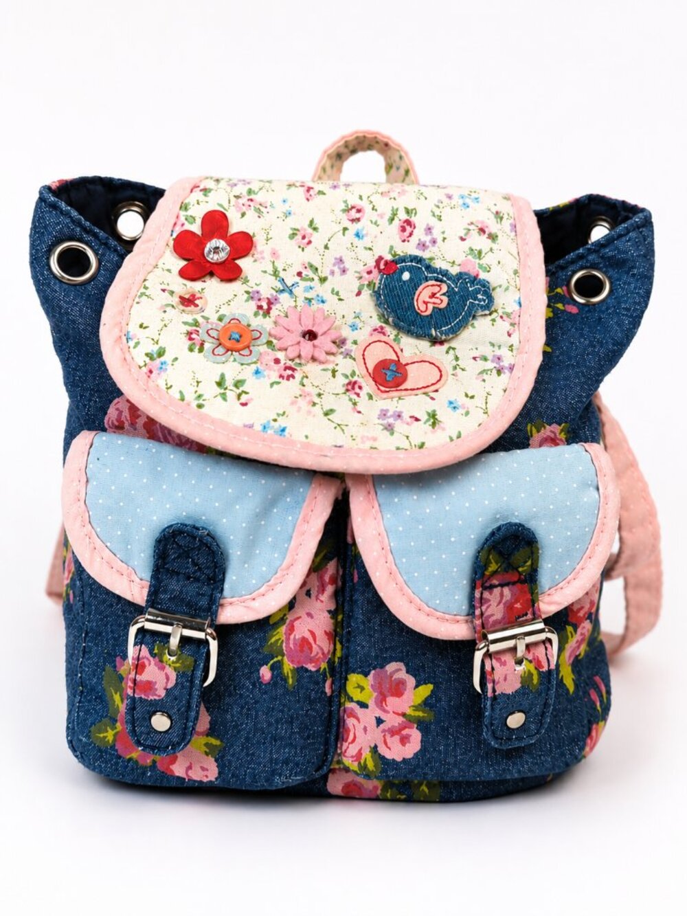 Floral Denim Mini Backpack Purse Pink Cottagecore Bag